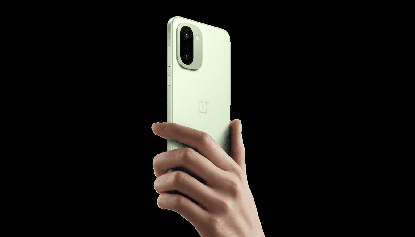 A hand holding a light green smartphone with a dual camera setup on a black background.