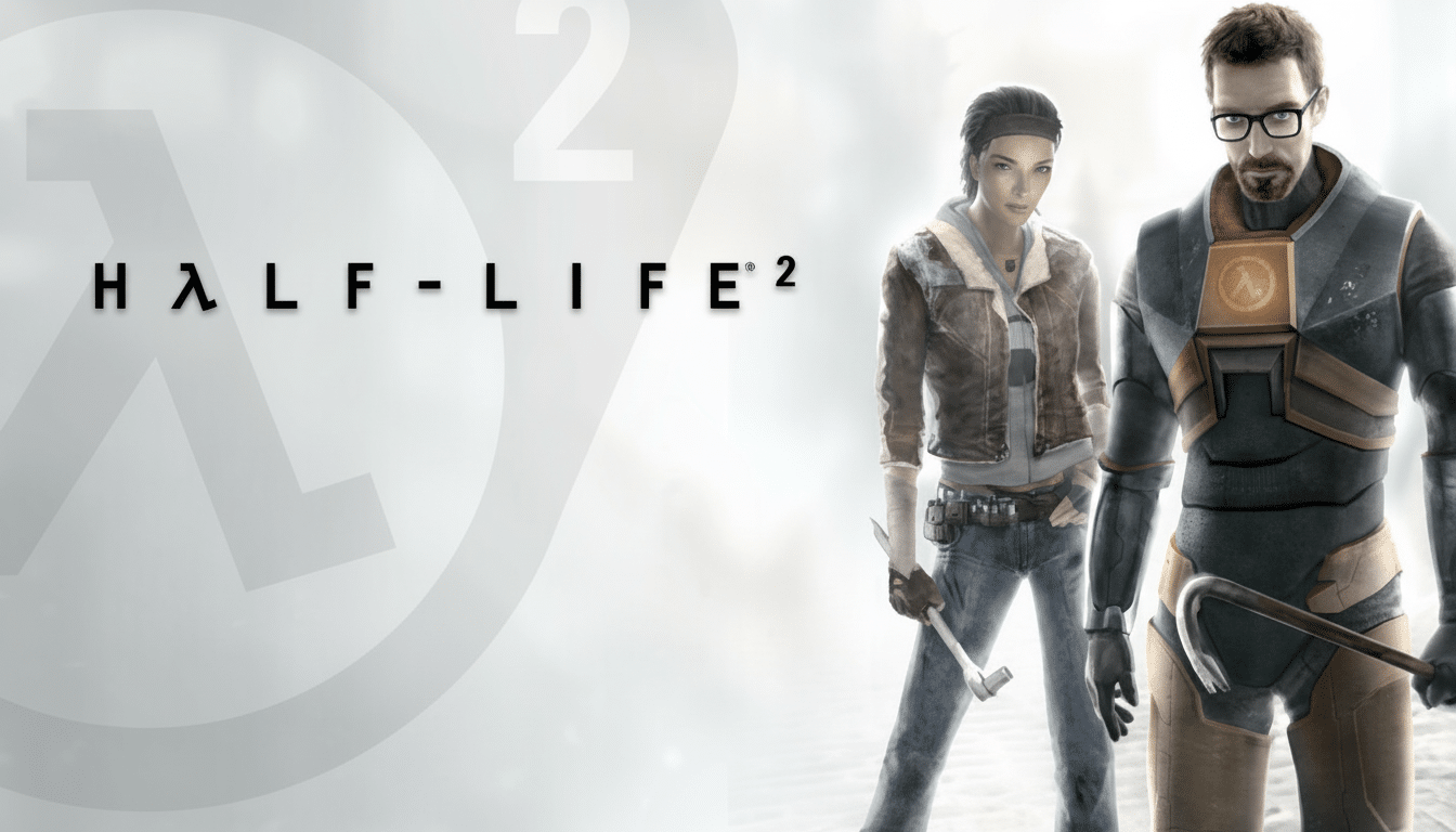 The Half-Life 2 game cover features two characters, Alyx Vance and Gordon Freeman, standing against a light, somewhat blurred background with the games title and logo.