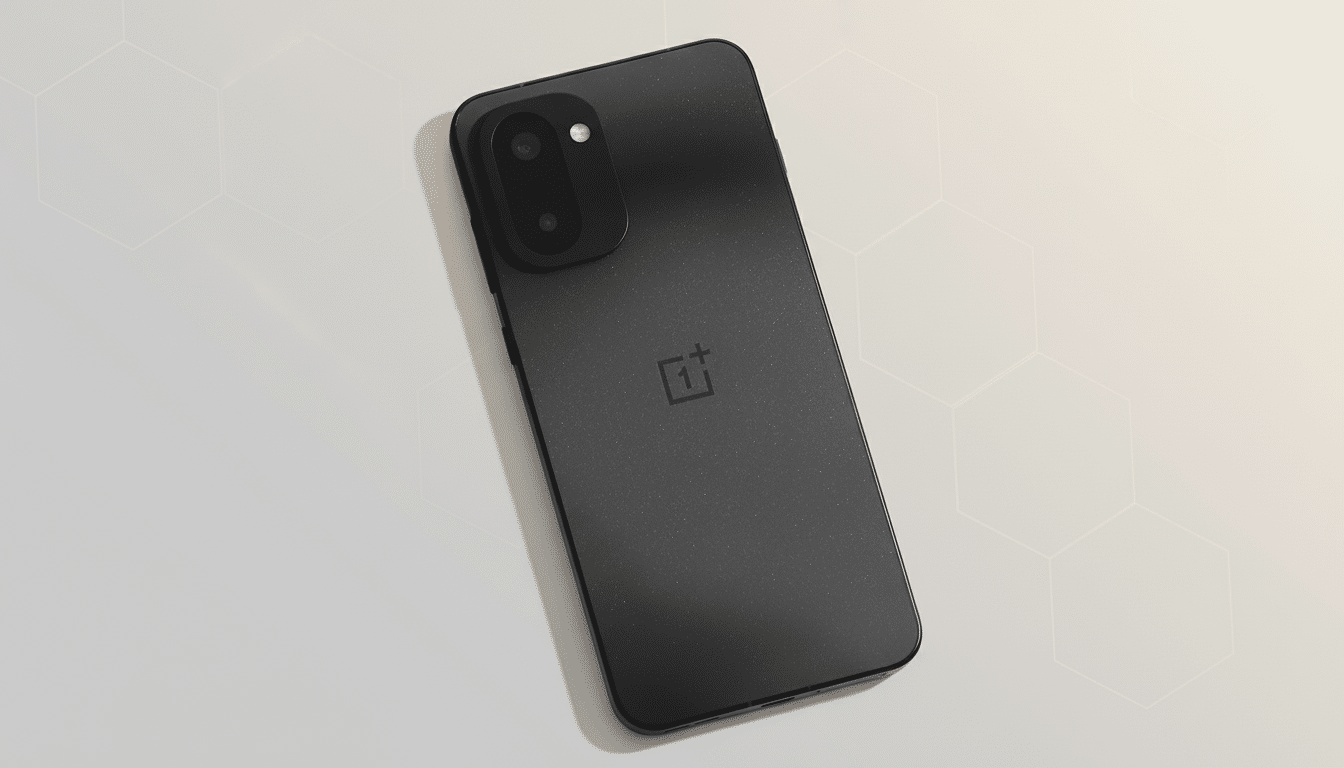 A black smartphone with a textured back and a camera module in the upper left corner, featuring the OnePlus logo, is presented on a light background with subtle hexagonal patterns.