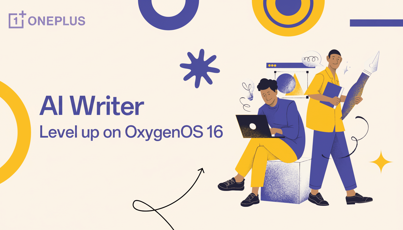 A 16:9 aspect ratio image featuring the OnePlus logo and text AI Writer Level up on OxygenOS 16. Two stylized male figures are present; one is seated using a laptop, and the other stands holding a large pen-like object. The background is light yellow with abstract blue and yellow shapes.