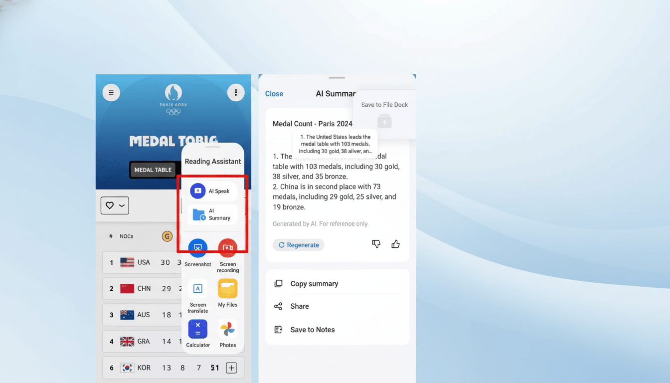 A 16:9 aspect ratio image showing two mobile phone screens side-by-side. The left screen displays a Medal Table for the Paris 2024 Olympics, with a menu open showing Reading Assistant options like AI Speak and AI Summary highlighted in a red box. The right screen shows an AI Summary of the medal count, indicating the USA leads with 103 medals and China is second with 73 medals. The background is a professional flat design with soft gradients.