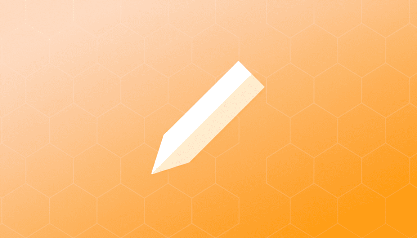 A white pencil icon on an orange background with a subtle hexagonal pattern and a gradient.