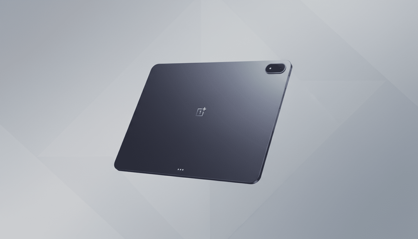A dark gray OnePlus Pad tablet is angled on a light gray background with subtle geometric patterns.