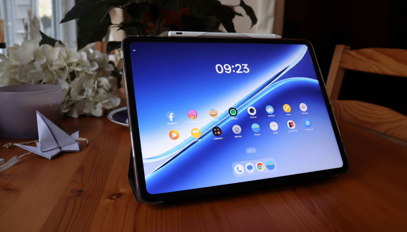 A tablet displaying a home screen with various app icons, set on a wooden table with a white stylus resting on top.