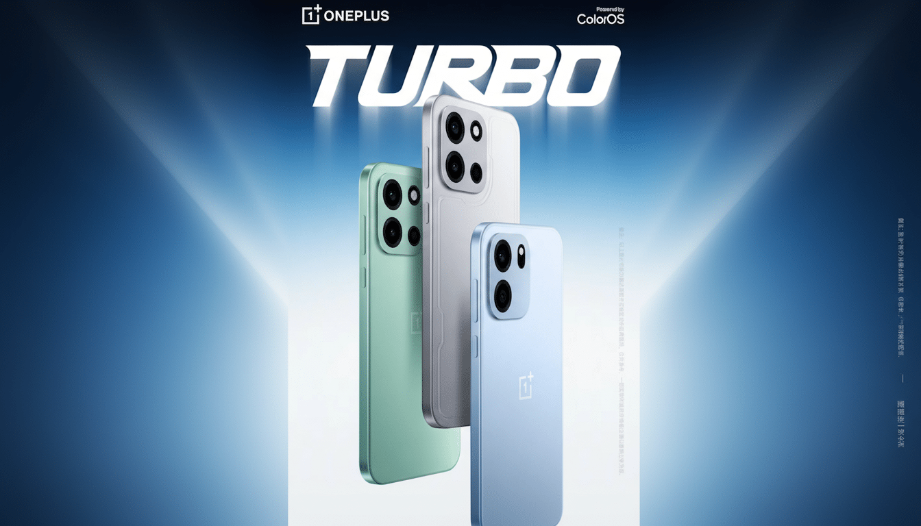 A 16:9 aspect ratio image featuring three OnePlus Turbo smartphones in mint green, silver, and light blue, set against a professional blue gradient background with the TURBO logo prominently displayed.