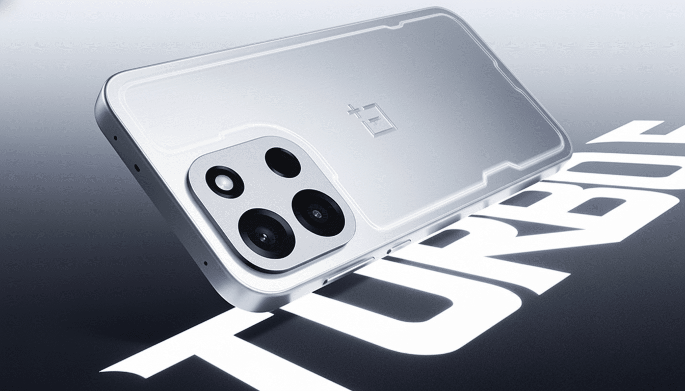 A silver smartphone with a triple camera setup on the back, angled on a dark surface with the word TURBO partially visible in white.