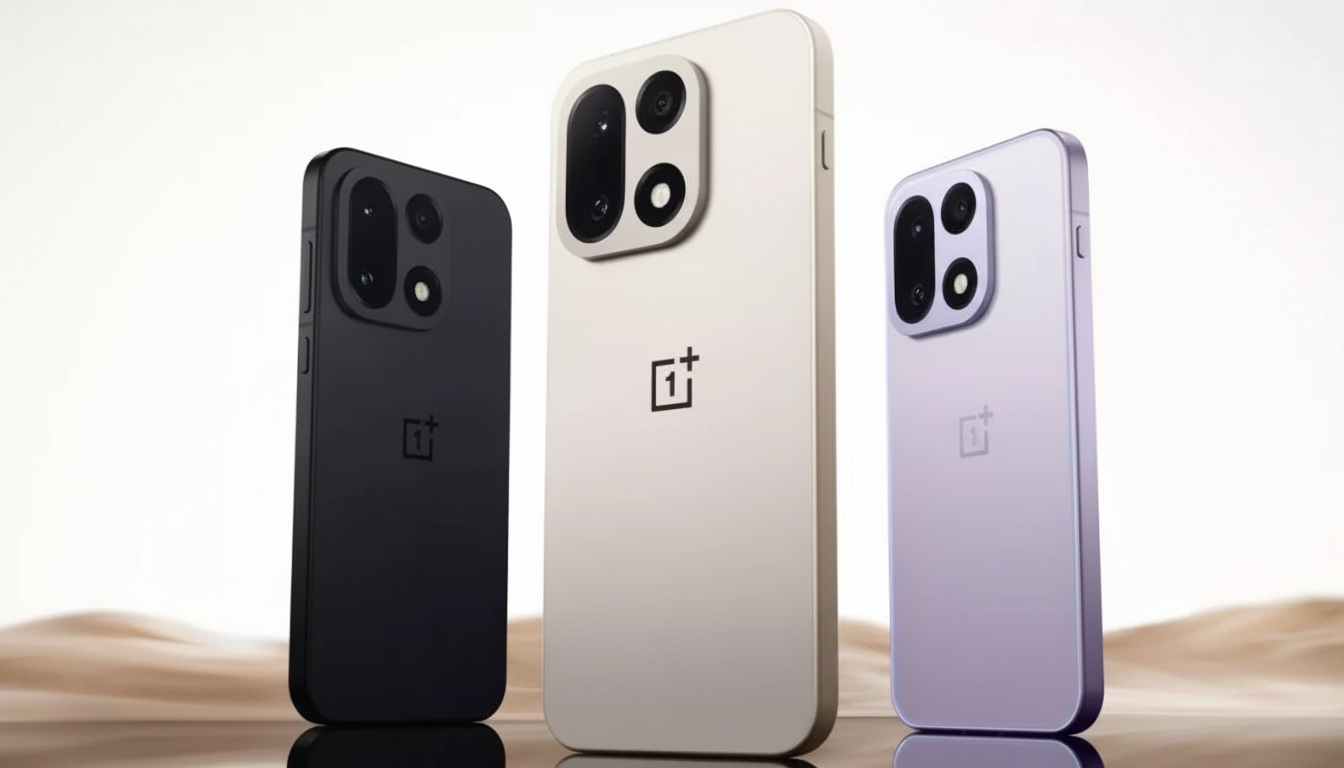 Three OnePlus phones in black, beige, and purple, standing upright with their backs facing the viewer, showcasing their camera modules and the OnePlus logo.