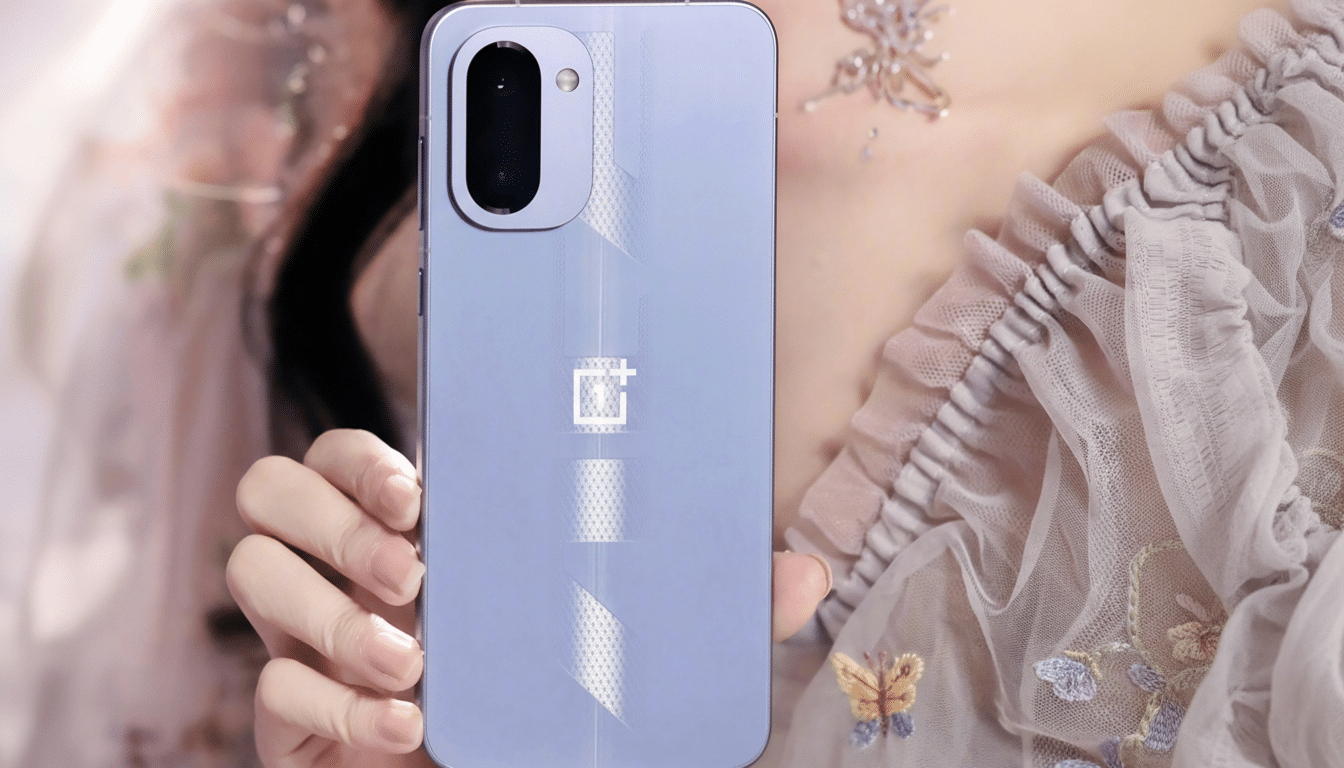 A person holding a light purple smartphone with a OnePlus logo on the back, resized to a 16:9 aspect ratio.