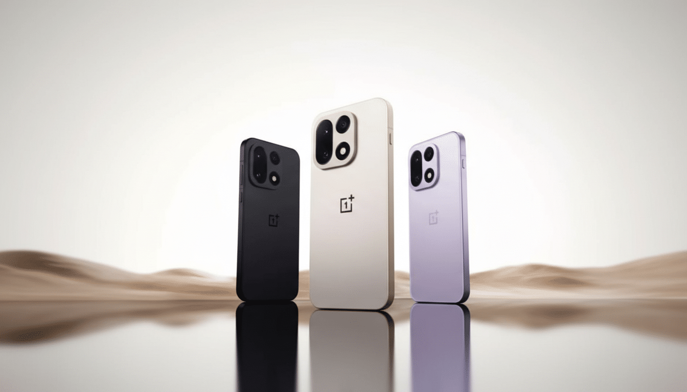 Three OnePlus phones in black, beige, and lavender, standing upright with their backs facing the viewer, showcasing the camera modules and the OnePlus logo.