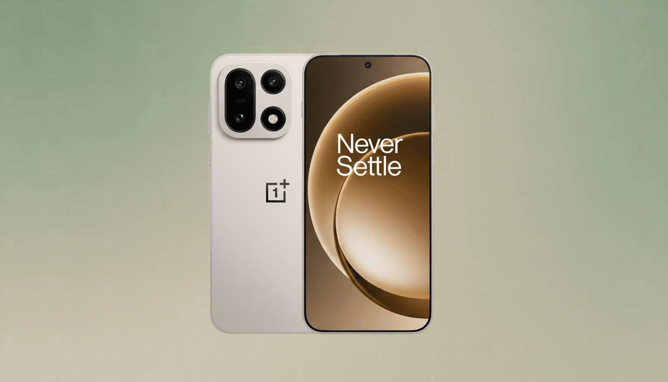 A OnePlus smartphone in a light beige color, with its screen displaying Never Settle against a brown and gold abstract background. The phone is presented on a professional flat design background with soft patterns and gradients, maintaining a clean and professional aesthetic.