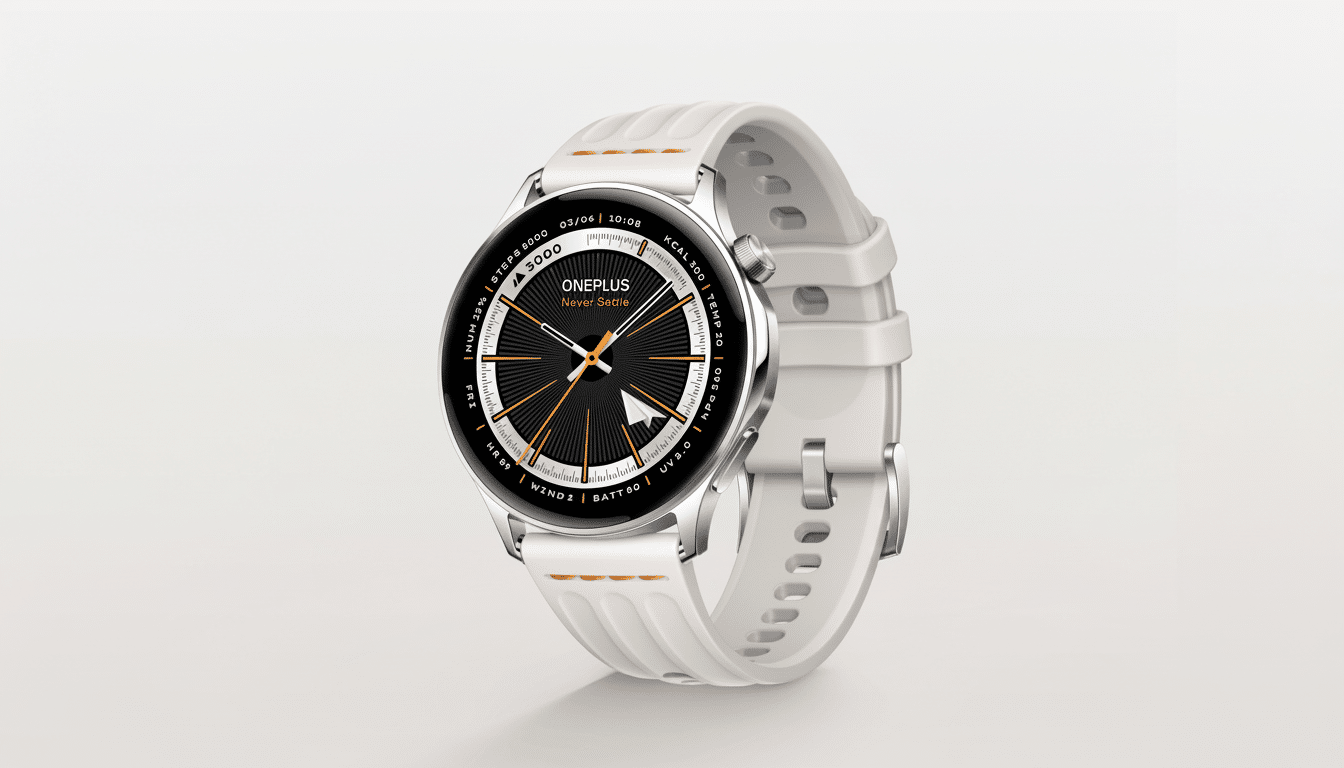 A OnePlus smartwatch with a white band and a black and orange watch face, presented on a clean, light gray background.