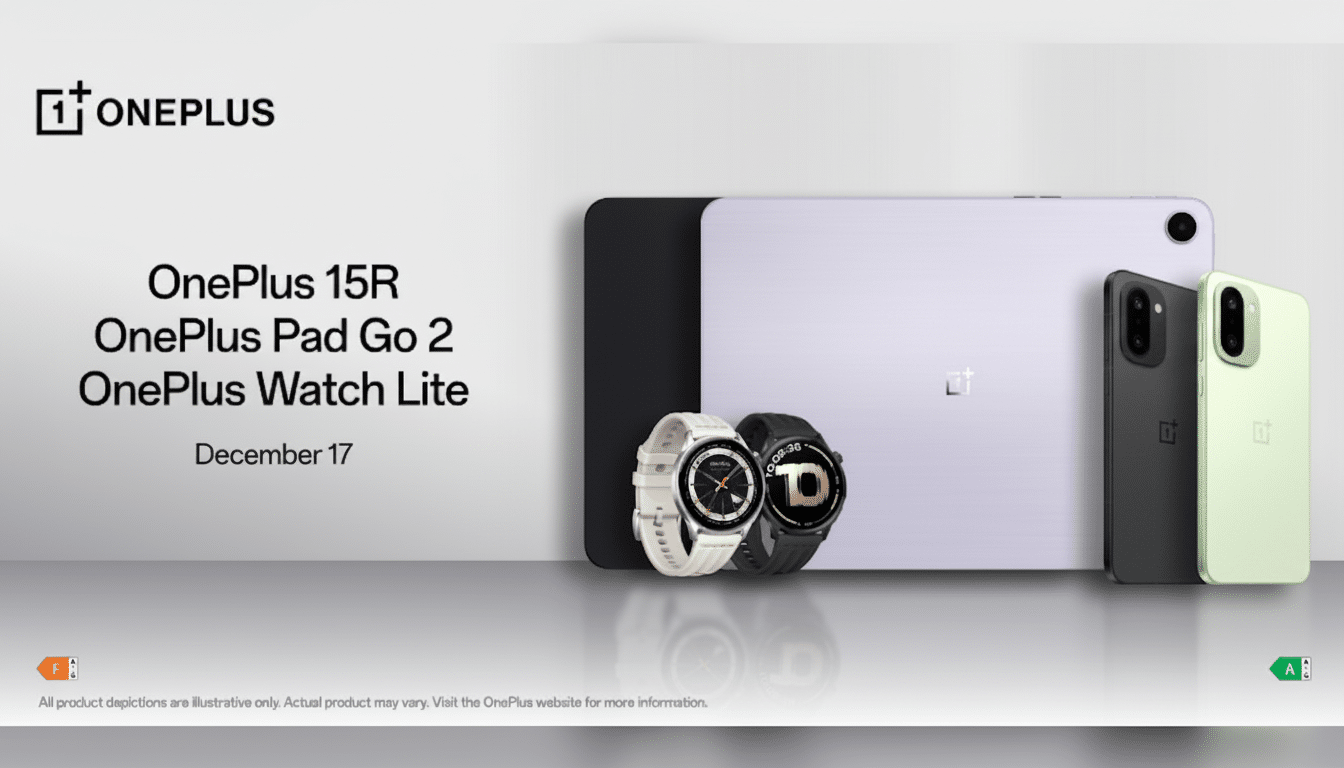 A promotional image for OnePlus products, including the OnePlus 15R, OnePlus Pad Go 2, and OnePlus Watch Lite, with a release date of December 17. The image displays a black smartphone, a light green smartphone, a light purple tablet, a white smartwatch, and a black smartwatch against a light gray background.