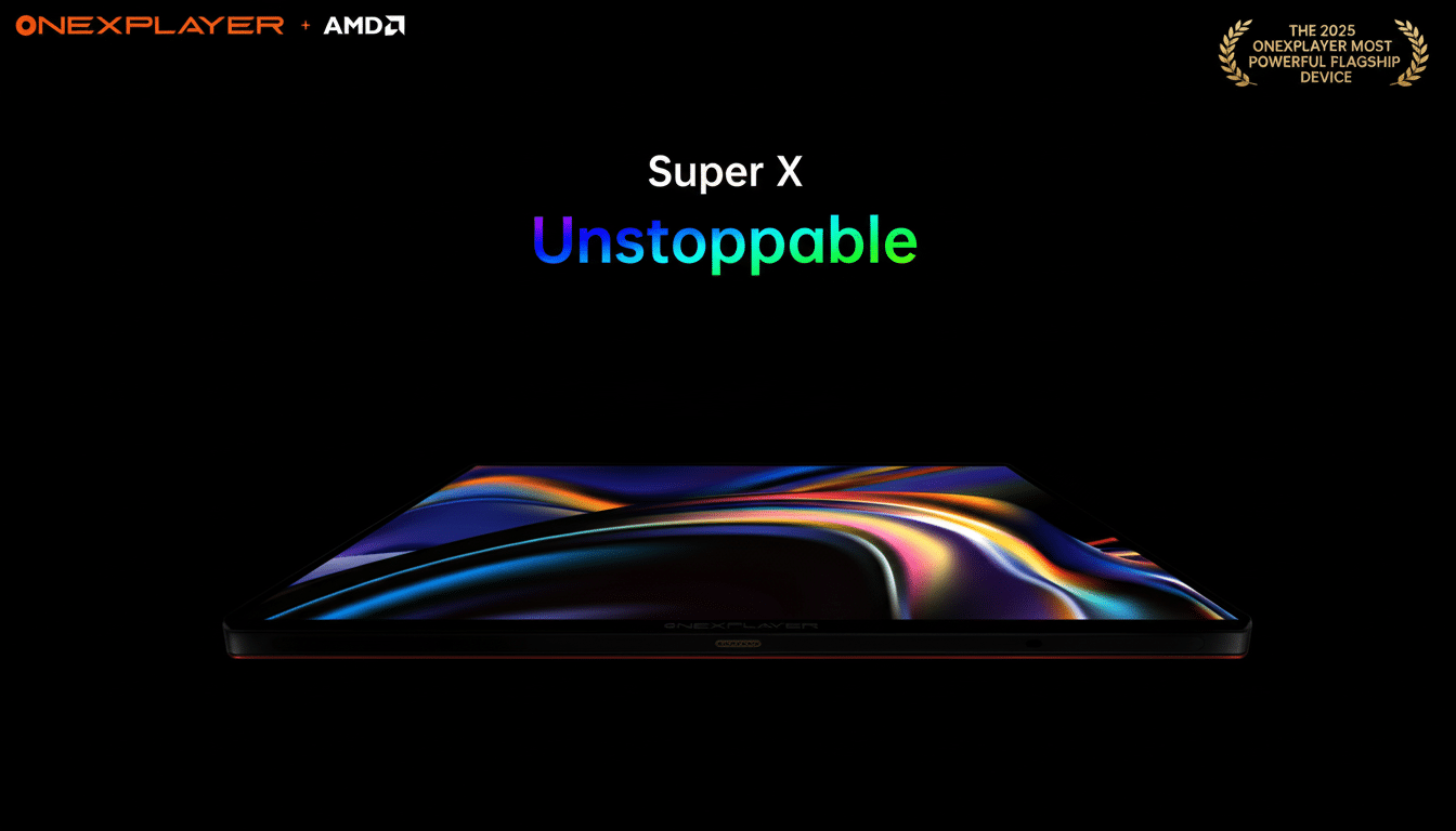 A sleek, black handheld gaming device with a vibrant, colorful screen displaying abstract art, set against a dark background. The text Super X Unstoppable is prominently featured above the device, with ONEXPLAYER + AMD logos and a THE 2025 ONEXPLAYER MOST POWERFUL FLAGSHIP DEVICE award emblem in the top corners.