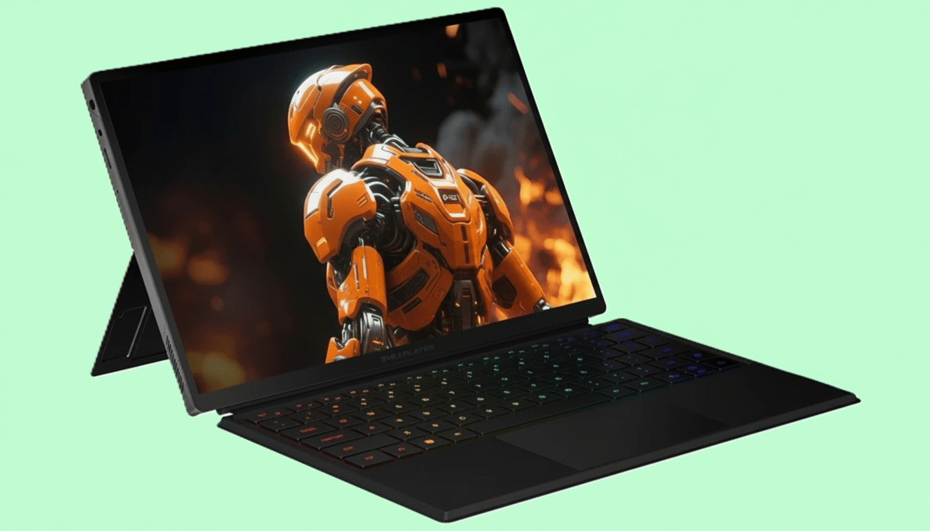A black laptop with a colorful keyboard and a screen displaying an orange robot, set against a light green background.