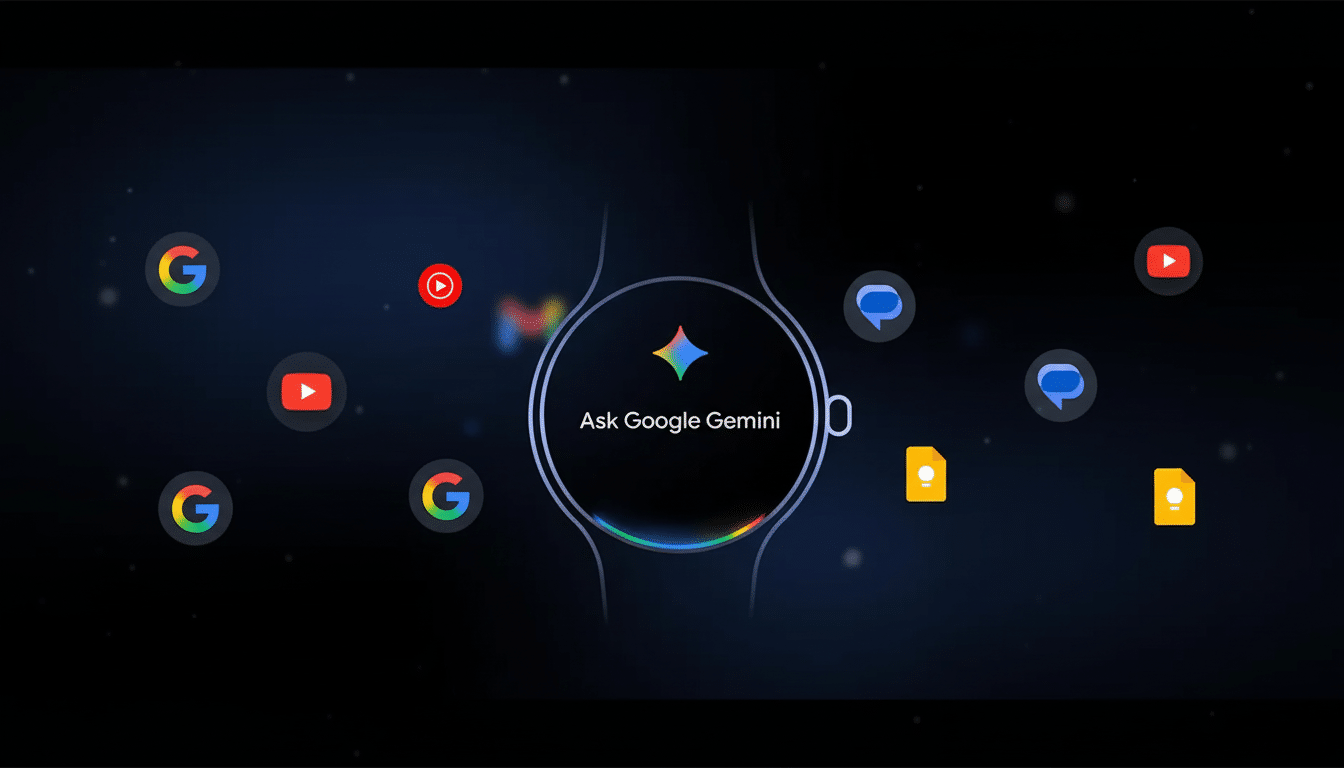 A Google Pixel Watch displaying Ask Google Gemini with various Google app icons surrounding it on a dark background, resized to a 16:9 aspect ratio.
