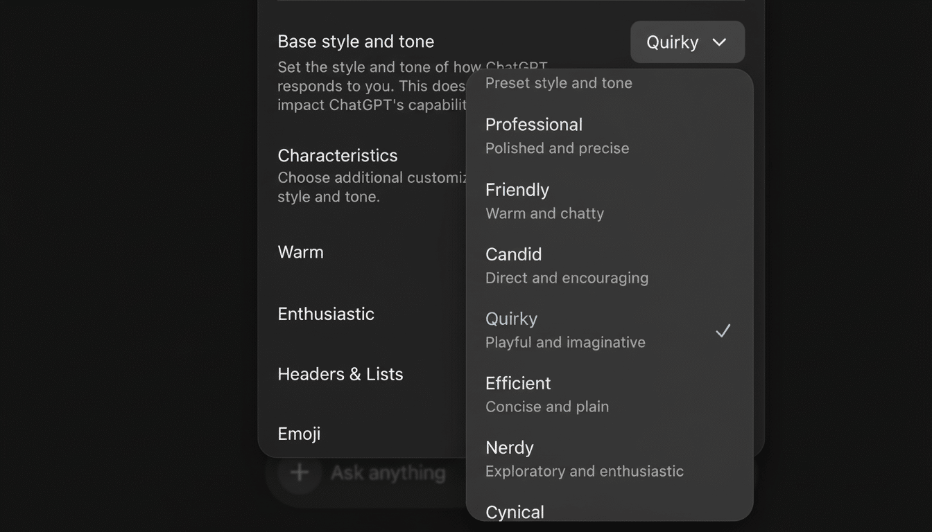 OpenAI ChatGPT tone settings UI showing Passion Controls slider