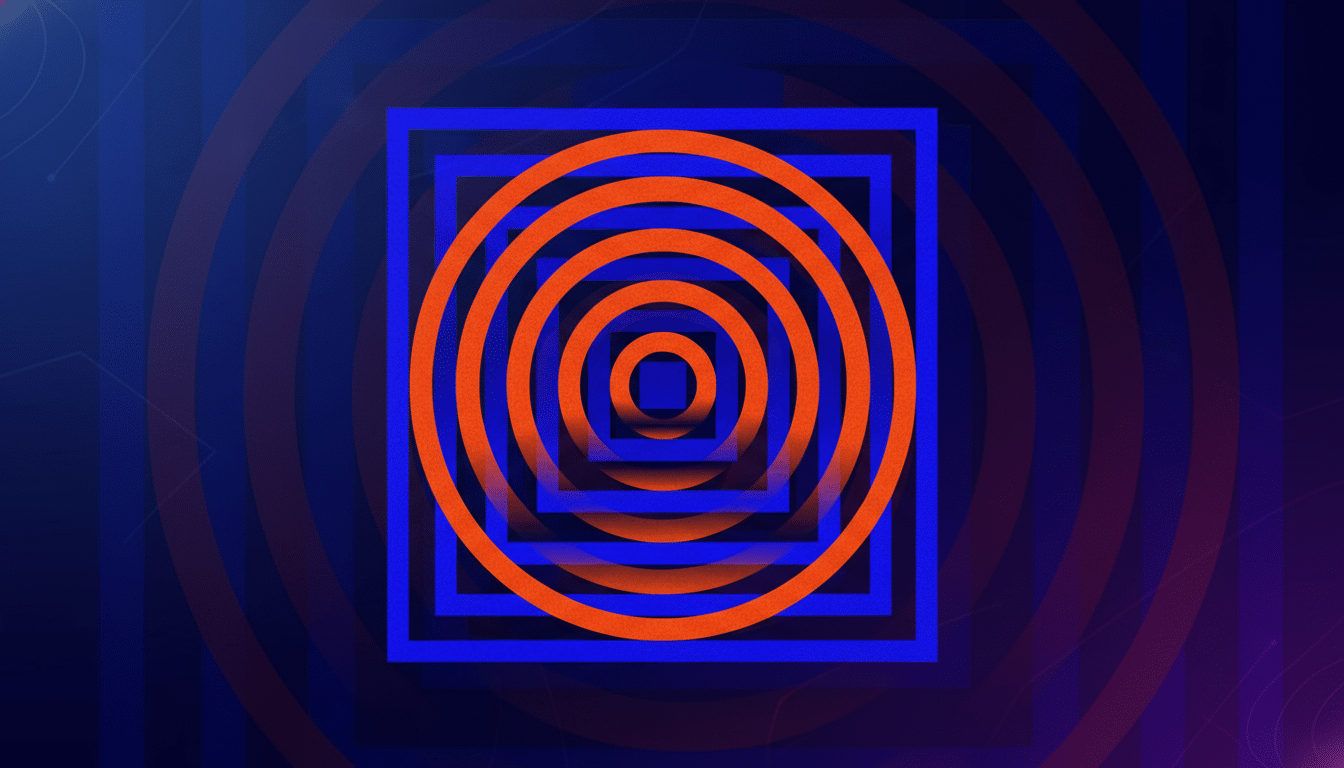 An abstract design featuring concentric orange circles overlaid on concentric blue squares, all centered on a dark background with subtle purple and blue gradients and faint geometric patterns.