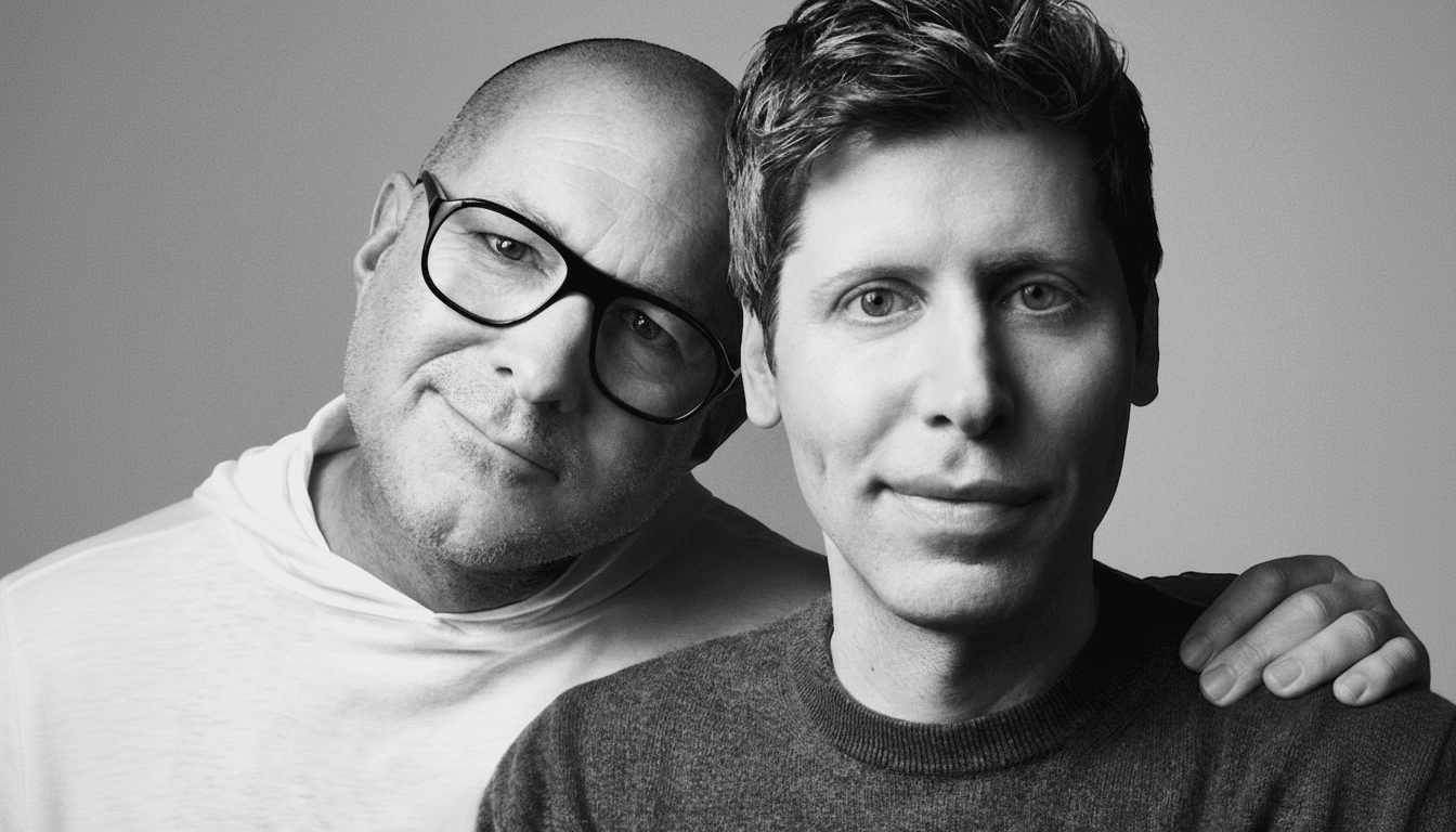 A black and white image of two men, one with glasses and a shaved head, the other with short hair, both looking at the camera.