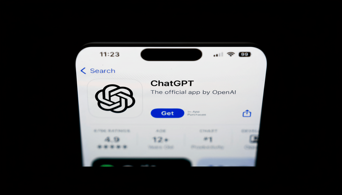 A close-up of an iPhone screen displaying the ChatGPT app page in the App Store, showing the app icon, title, and Get button.