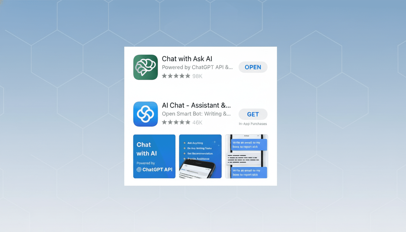 A screenshot of an app store page featuring two AI chat applications, Chat with Ask AI and AI Chat - Assistant &..., with a professional flat design background with soft patterns.