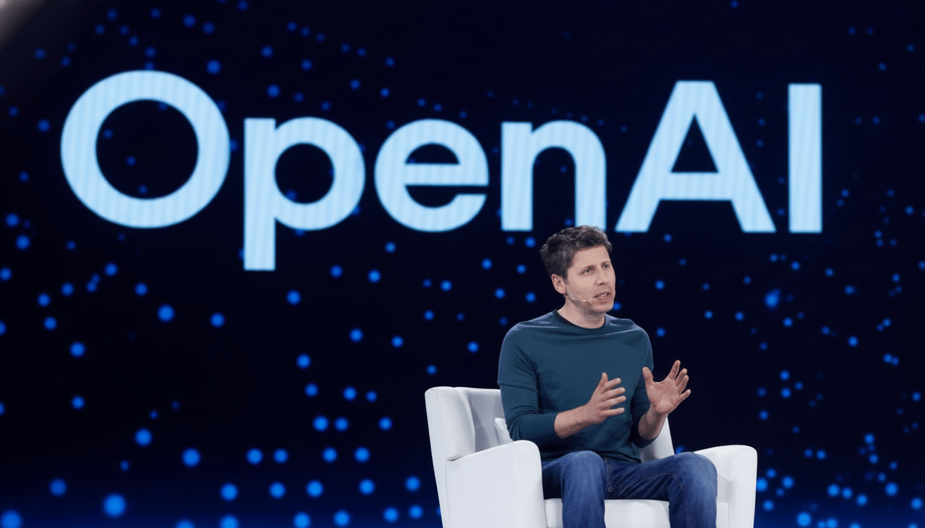A man in a dark teal long-sleeved shirt and jeans sits on a white chair, speaking with his hands, in front of a large screen displaying the word OpenAI in light blue against a dark background with blue dots.