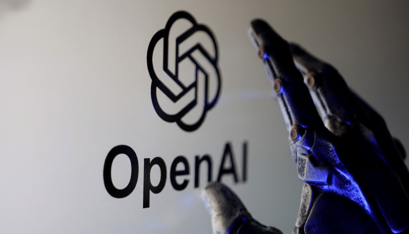 The OpenAI logo and text are displayed on a screen, with a robotic hand reaching towards it.