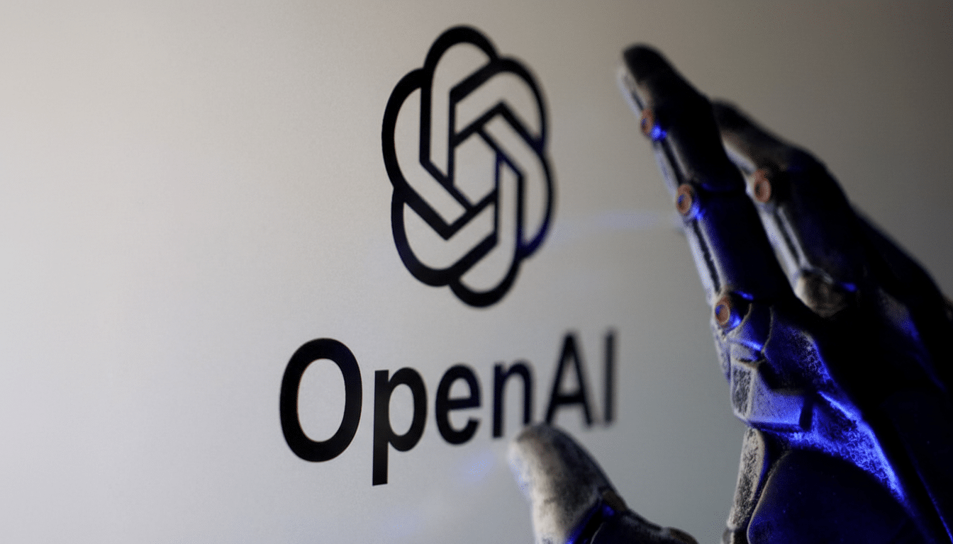 The OpenAI logo and name are displayed on a screen, with a robotic hand reaching towards it.