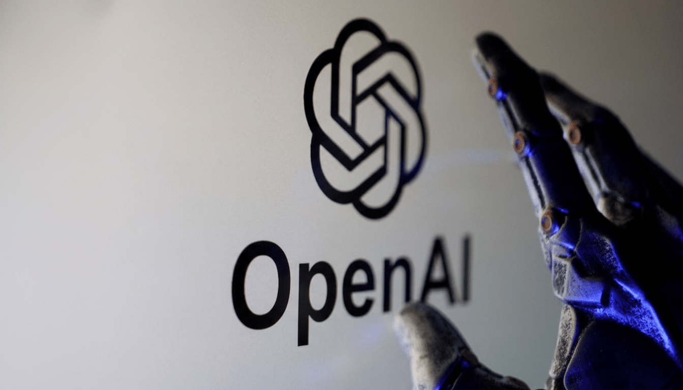 The OpenAI logo and name are displayed on a surface, with a robotic hand reaching towards them.