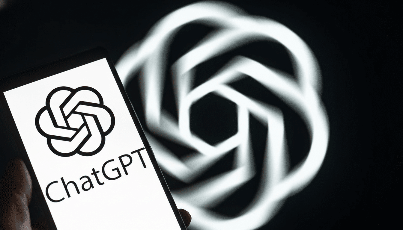 A smartphone displaying the ChatGPT logo and name, held against a blurred background featuring a larger, glowing OpenAI logo.