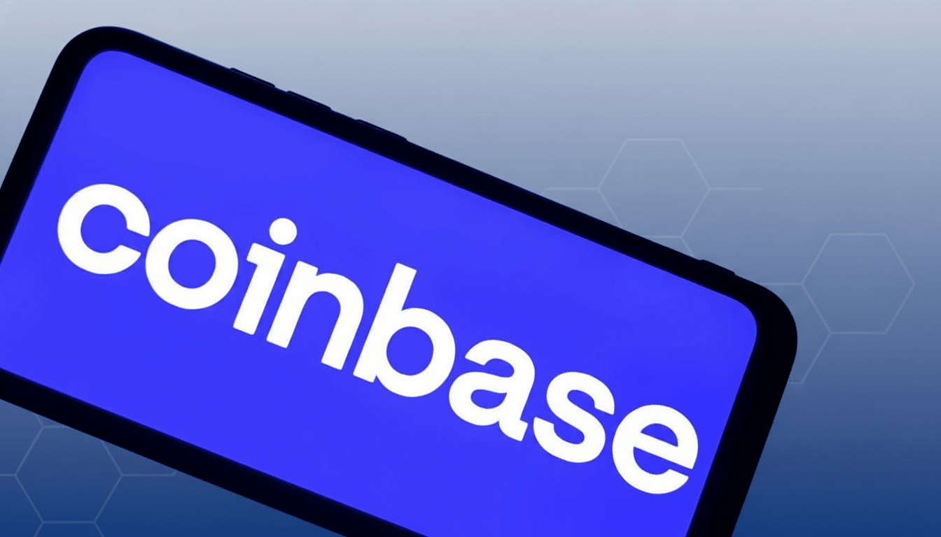 A smartphone displaying the Coinbase logo on a blue screen, set against a professional flat design background with soft patterns and gradients.