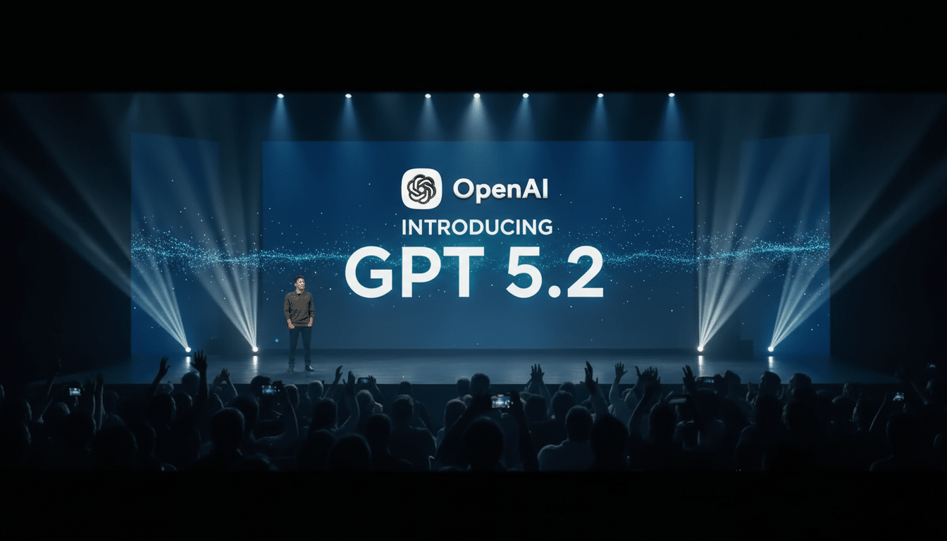 A man stands on a stage in front of a large screen displaying OpenAI INTRODUCING GPT 5.2 to an audience.