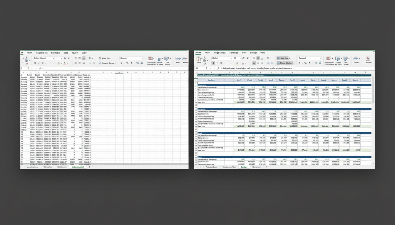 A professional, enhanced image of two Excel spreadsheets side-by-side, resized to a 16:9 aspect ratio. The background is a clean, professional flat design with soft gradients, while the spreadsheets themselves remain unchanged.