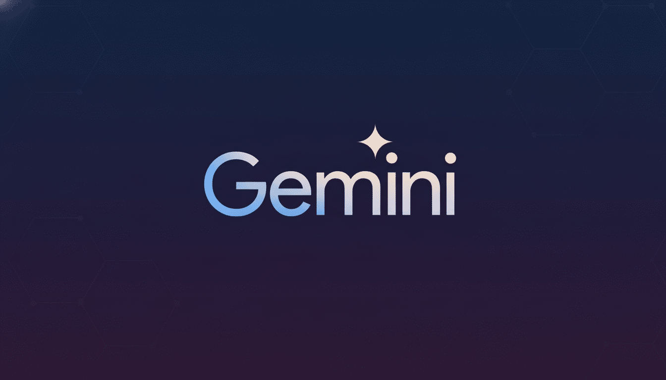 The Gemini logo, featuring a gradient of light blue to white text with a sparkling star replacing the dot over the i, set against a dark blue background with subtle hexagonal patterns.