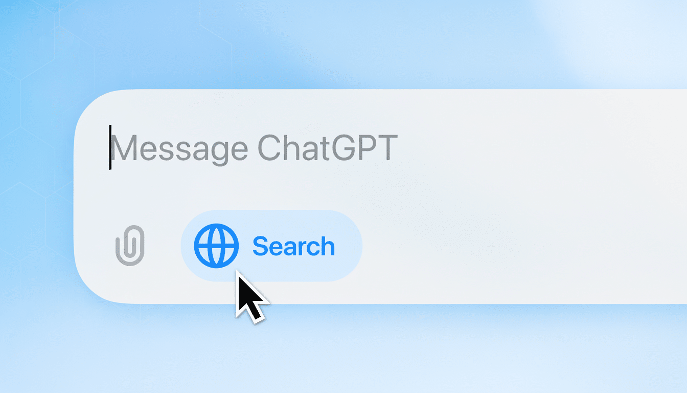 A close-up of a message bar with Message ChatGPT typed in, and a cursor pointing to a Search button with a globe icon. The background is a light blue with a subtle hexagonal pattern.