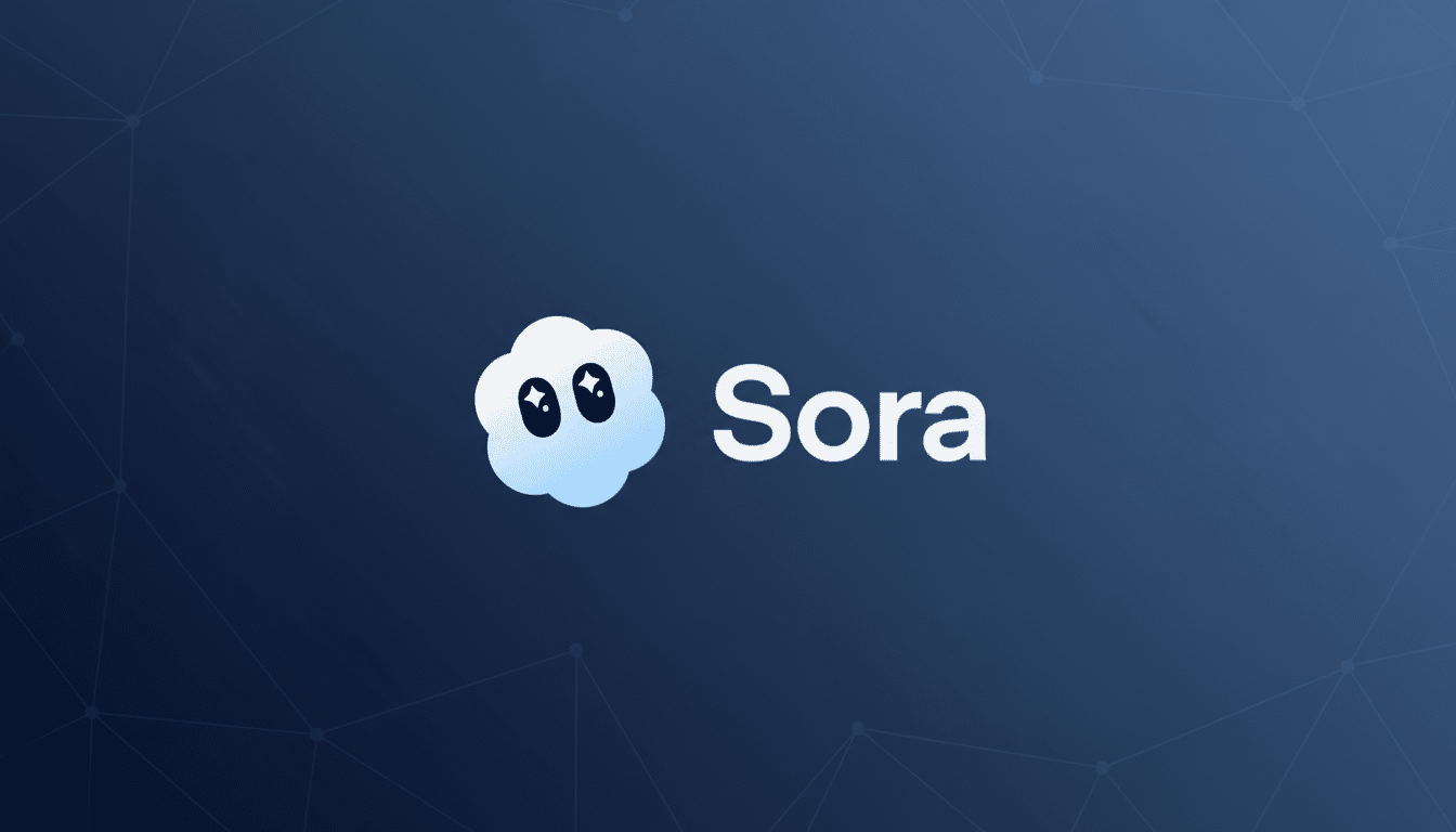 The Sora logo, featuring a white cloud-like character with large, sparkling eyes and the word Sora in white text, set against a professional dark blue background with a subtle geometric pattern.