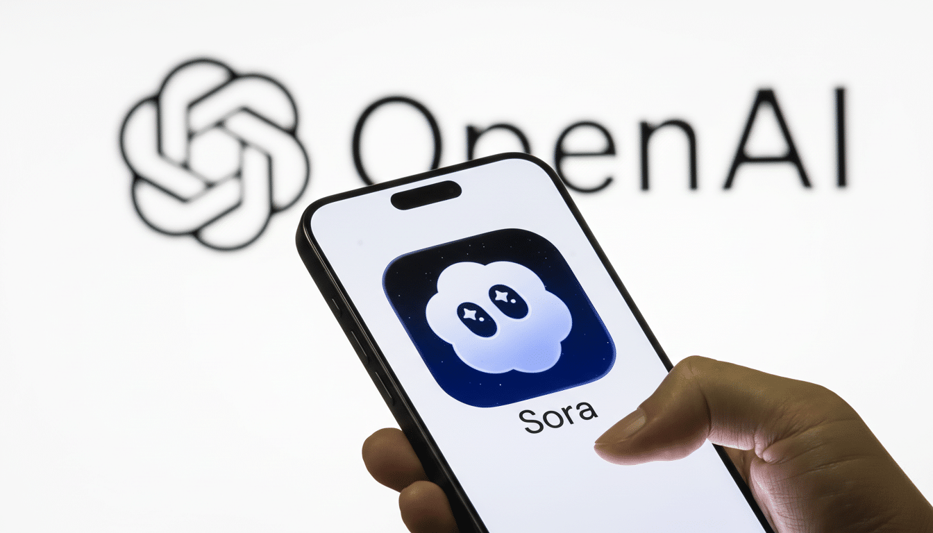 A hand holding a smartphone displaying the Sora app icon, with the OpenAI logo visible in the background.