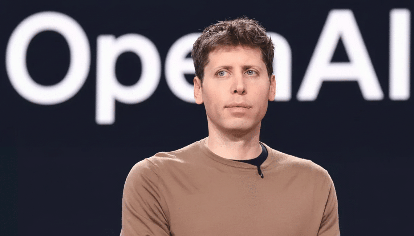 A man with short brown hair and a brown shirt stands in front of a dark background with the word OpenAI in white letters.