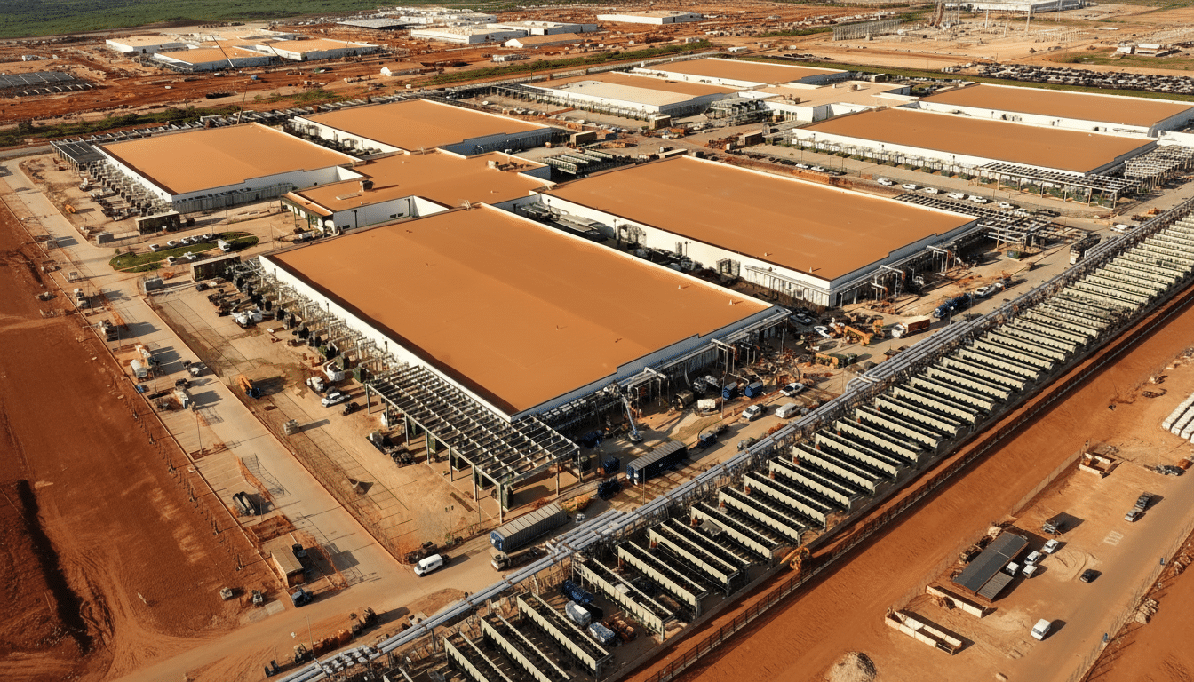 An aerial view of a large industrial complex with multiple buildings featuring light brown roofs, surrounded by reddish-brown earth and construction activity.