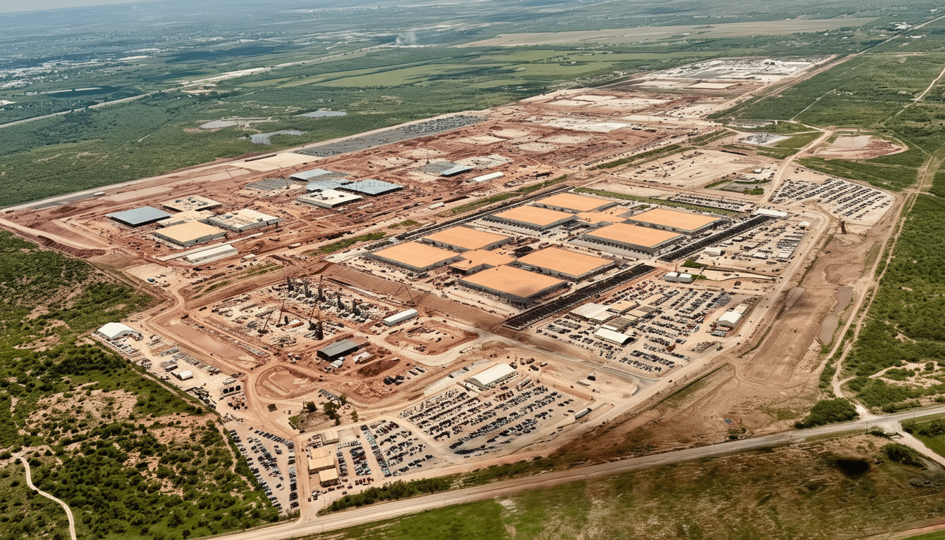 An aerial view of a large industrial complex under construction, featuring numerous buildings with light-colored roofs, surrounded by vast areas of reddish-brown earth and green vegetation.