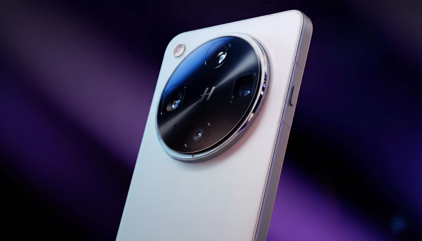 A close-up, low-angle shot of the back of a white smartphone with a large, circular camera module featuring multiple lenses and a prominent H logo, set against a blurred purple and blue background.