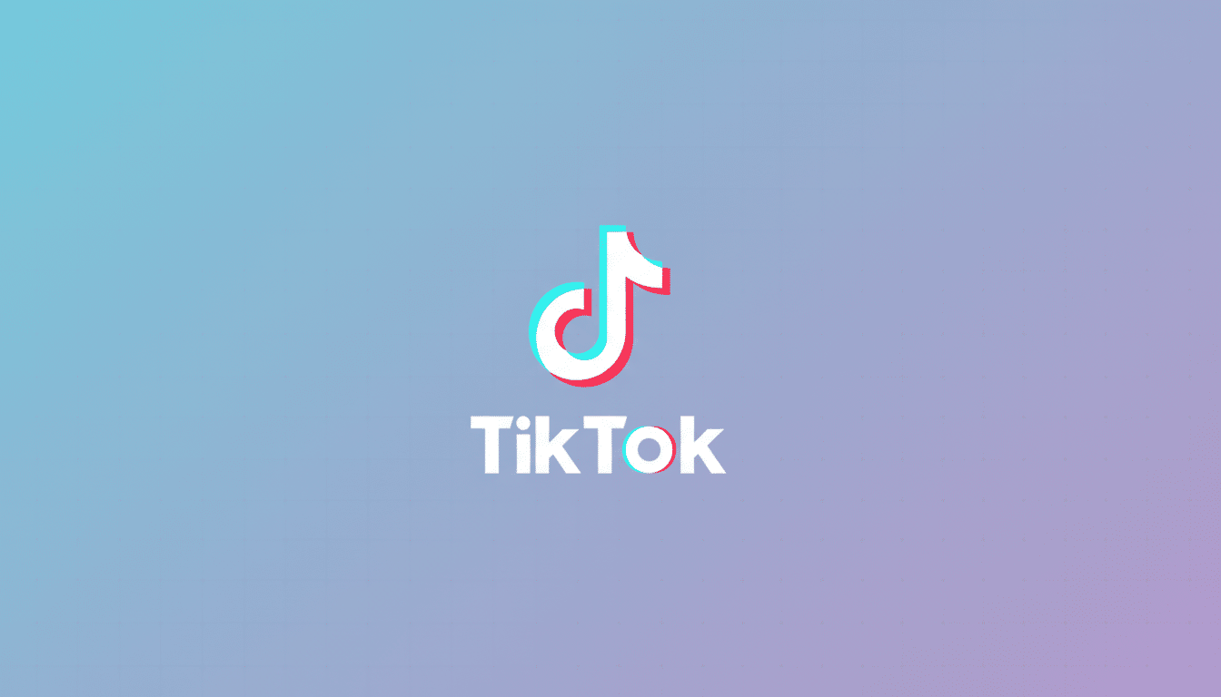 The TikTok logo, featuring a white musical note icon with cyan and red shadows, and the word TikTok in white text, centered on a professional flat design background with a soft gradient from light blue to light purple and a subtle grid pattern.