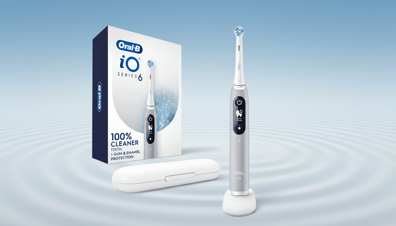 An Oral-B iO Series 6 electric toothbrush in silver, with its charging base, travel case, and product box, set against a professional light blue gradient background with subtle ripple patterns.