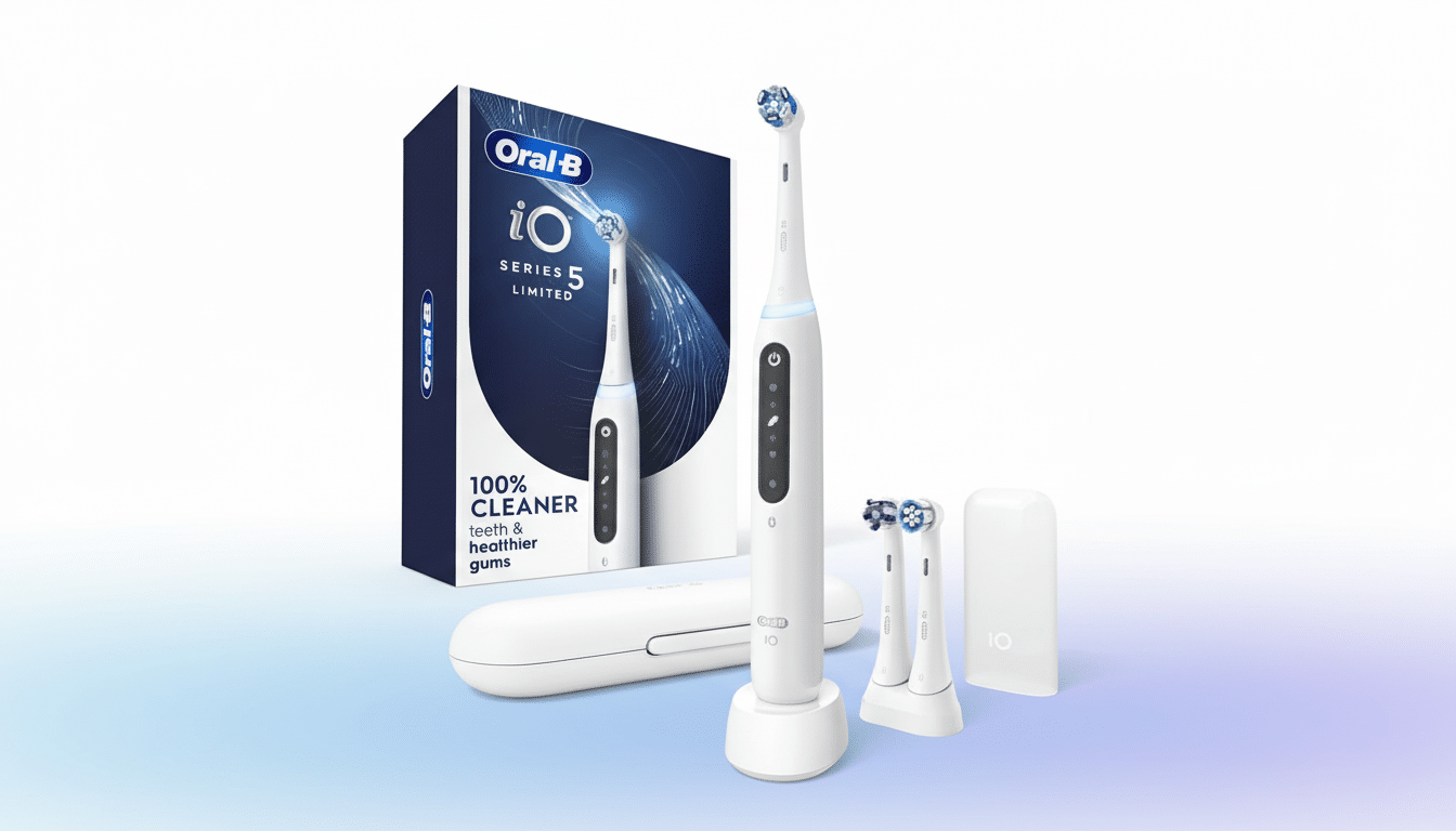 An Oral-B iO Series 5 Limited electric toothbrush set, including the toothbrush, charging stand, two brush heads, a travel case, and the product box, all presented on a clean, professional background with a subtle gradient.