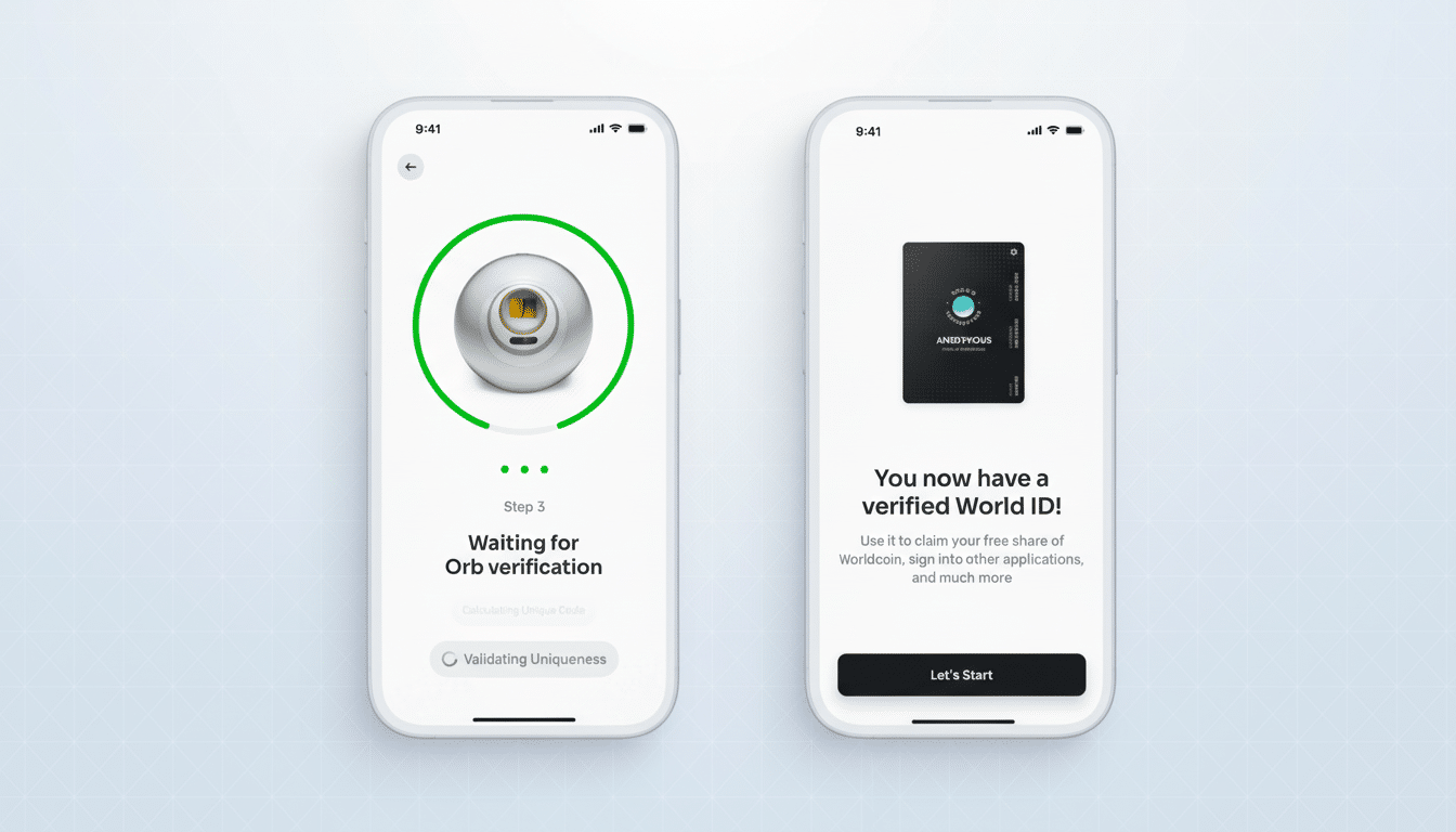 A 16:9 aspect ratio image showing two mobile phone screens. The left screen displays Step 3 Waiting for Orb verification with a circular progress bar around an orb icon. The right screen shows a You now have a verified World ID! message with a black Worldcoin card icon and a Lets Start button.
