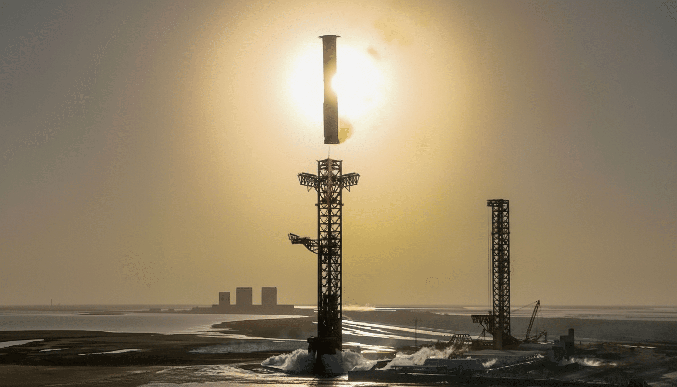 A SpaceX Starship rocket on its launchpad, with the sun directly behind it, creating a silhouette effect.