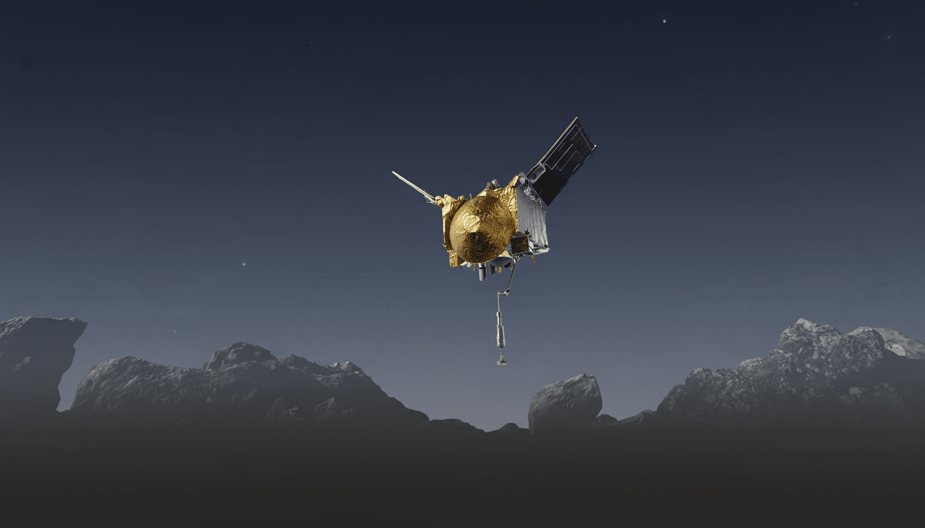A spacecraft with a gold-colored main body and a solar panel array, hovering above a rocky, dark grey landscape under a dark blue sky with subtle hexagonal patterns.