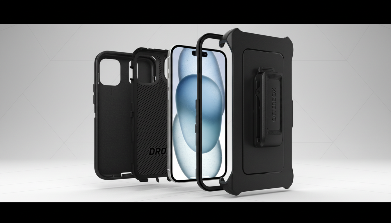 An exploded view of a black OtterBox phone case, showing the inner and outer layers, and a smartphone with a light blue and white abstract wallpaper.