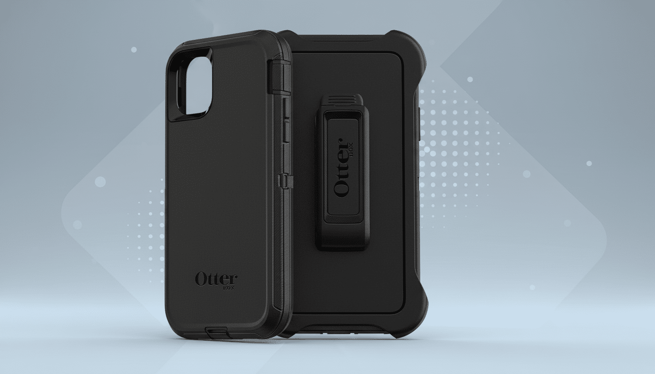 A black OtterBox phone case and its accompanying belt clip holster are displayed against a professional flat design background with soft patterns and gradients.