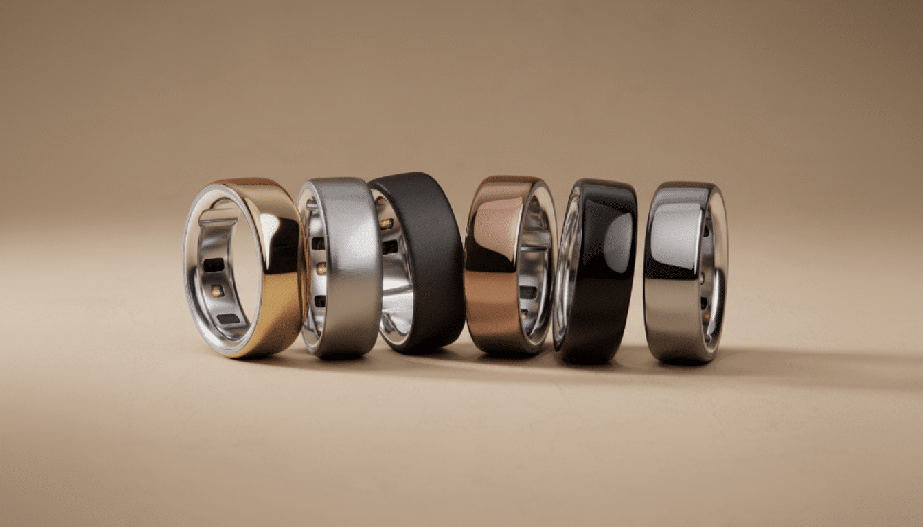 Six smart rings in various metallic finishes (gold, silver, black, rose gold, black, silver) are arranged in a line on a light brown surface.