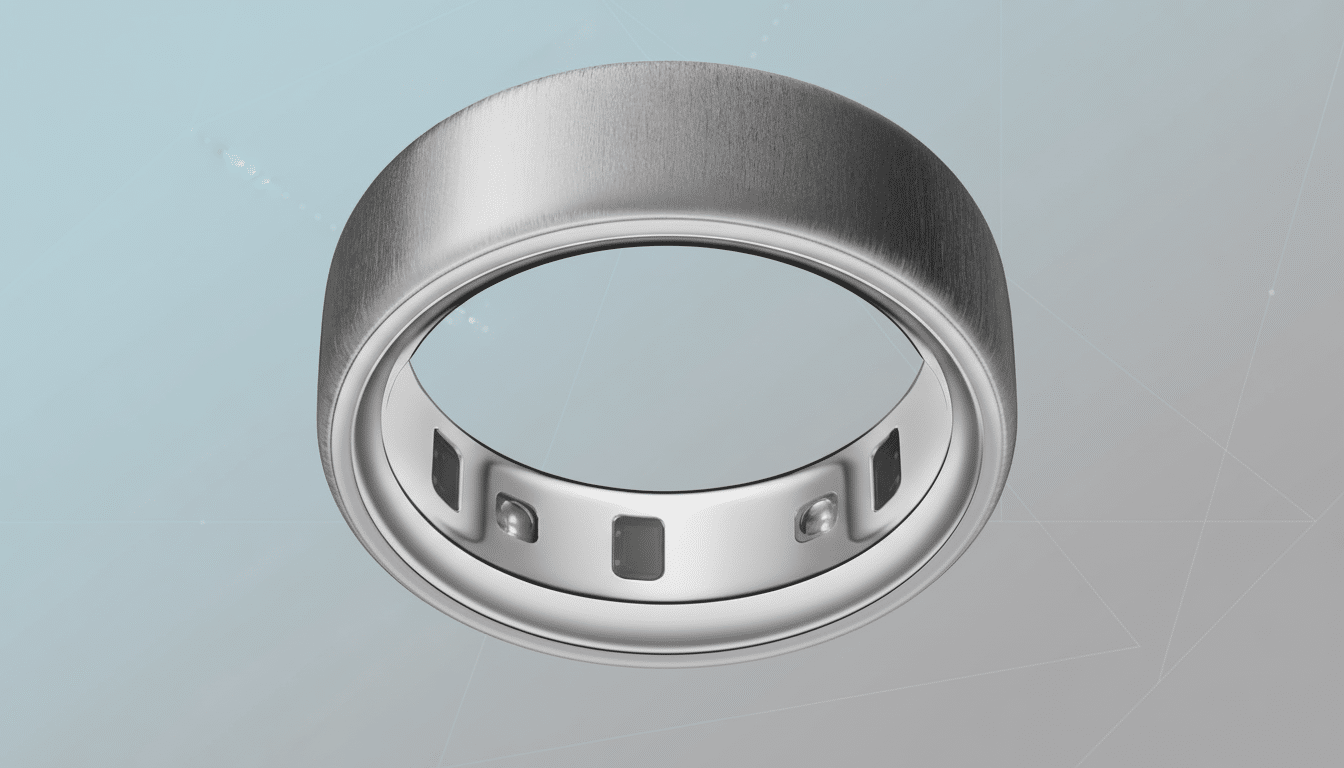 A silver smart ring with a brushed metal exterior and an interior featuring several small, dark sensors and two glowing red and green lights, set against a professional light blue and grey gradient background with subtle geometric patterns.